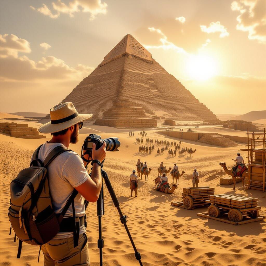 A modern photographer in casual clothes with a DSLR camera and tripod, standing in the desert sands of ancient Egypt, capturing the construc...
