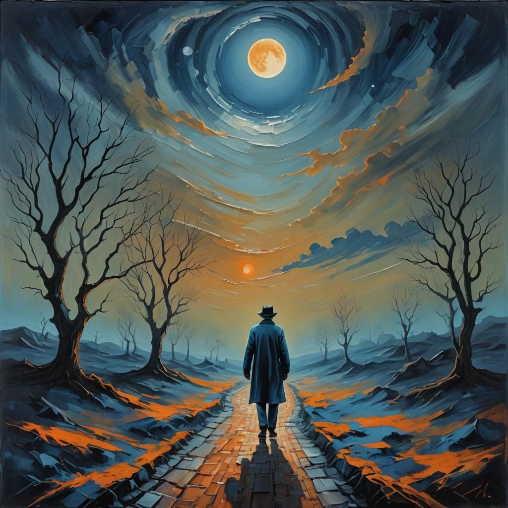 Surreal Moonlit Figure Walks into Darkness