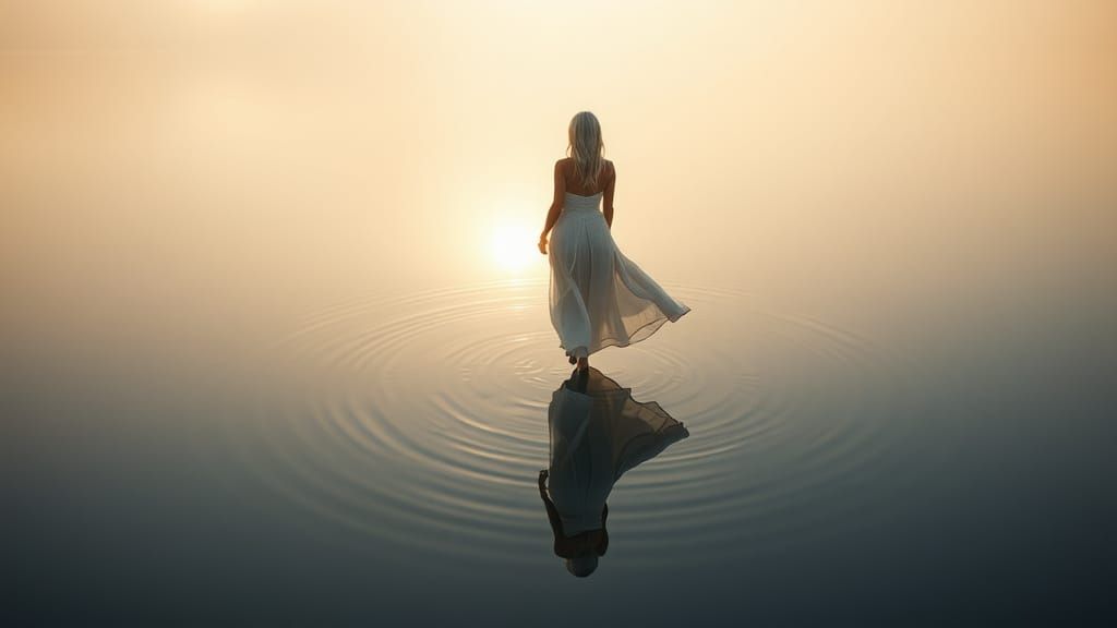 Abstract photo of a woman walking on water, her reflection showing a different version of herself as an older woman, wide shot, in the middl...