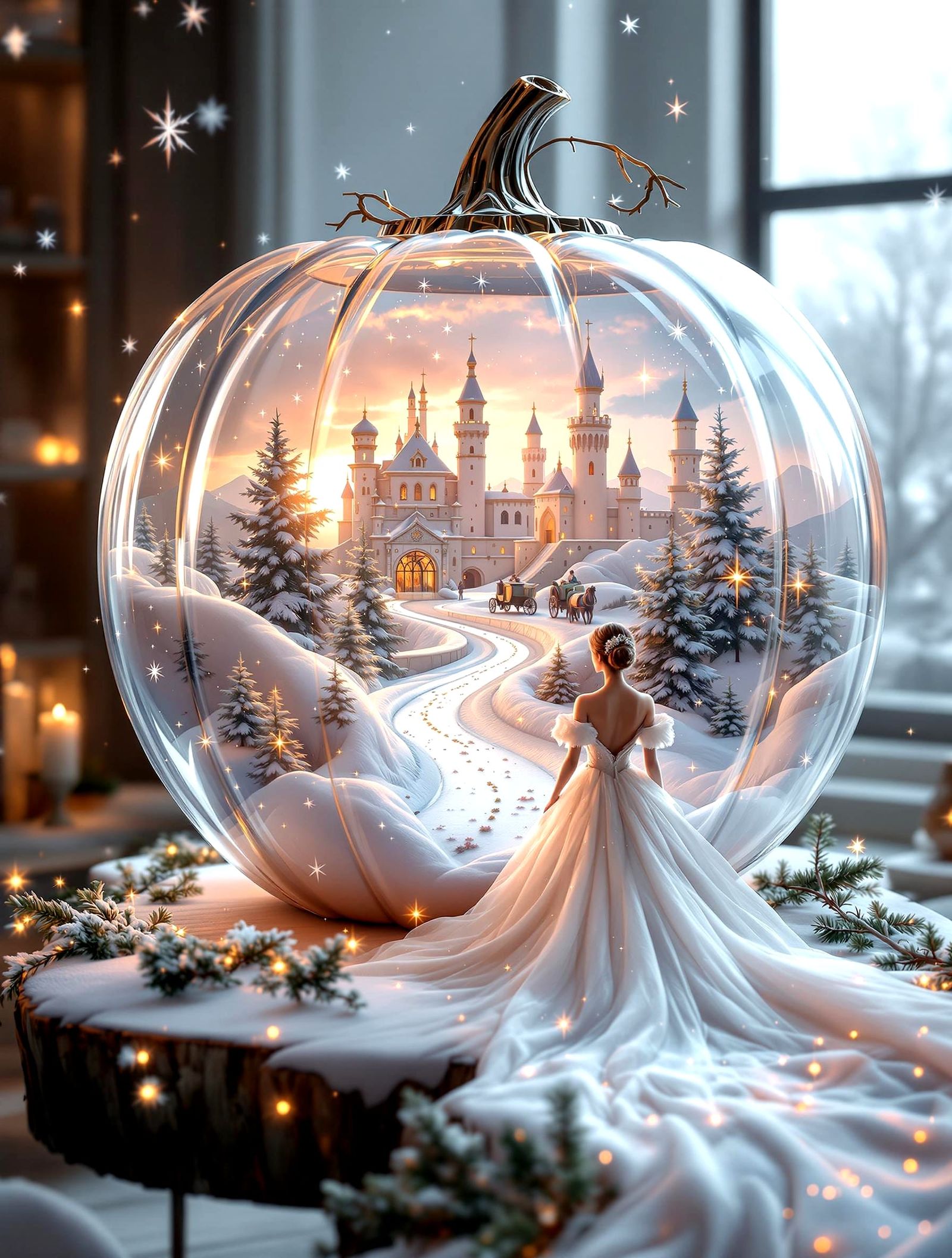 A huge glass pumpkin with a castle and a carriage inside