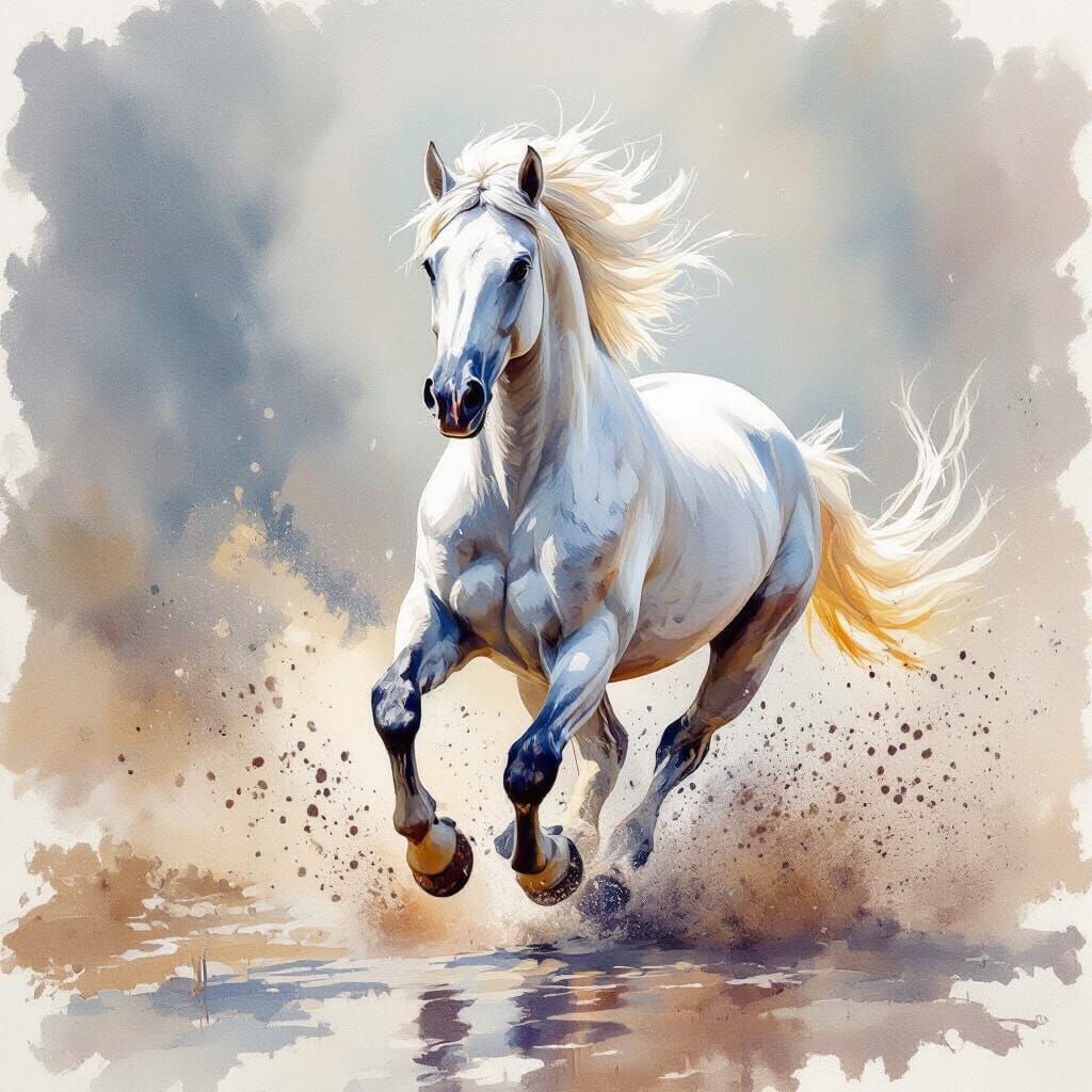 Beautiful white stallion galloping towards us, kicking up dust in wet on wet watercolour   by @AlisonM