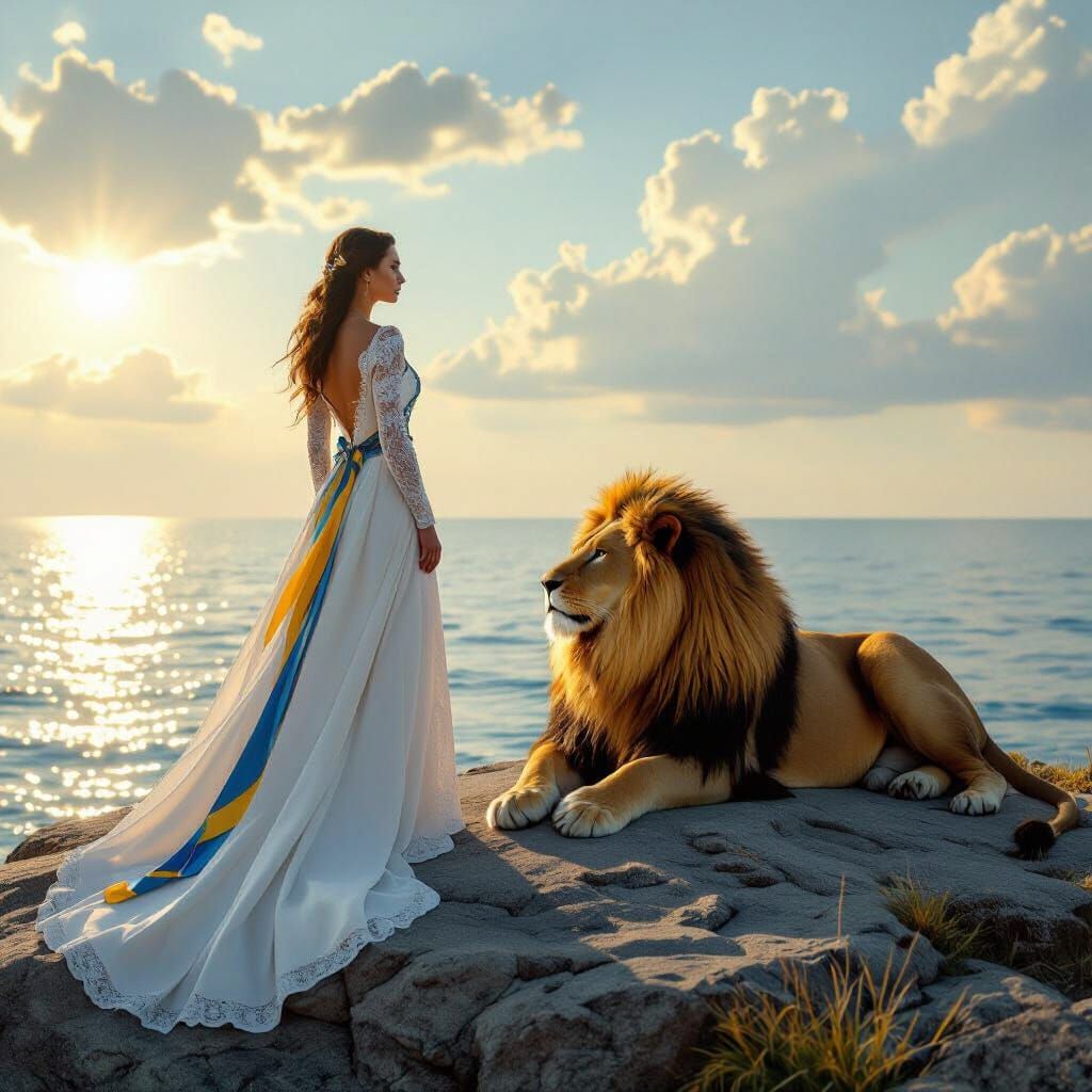 A woman arrayed in a dazzling long white dress adorned with blue & yellow sashes. She stands  triumphantly on a prodigious flat gray rock ov...