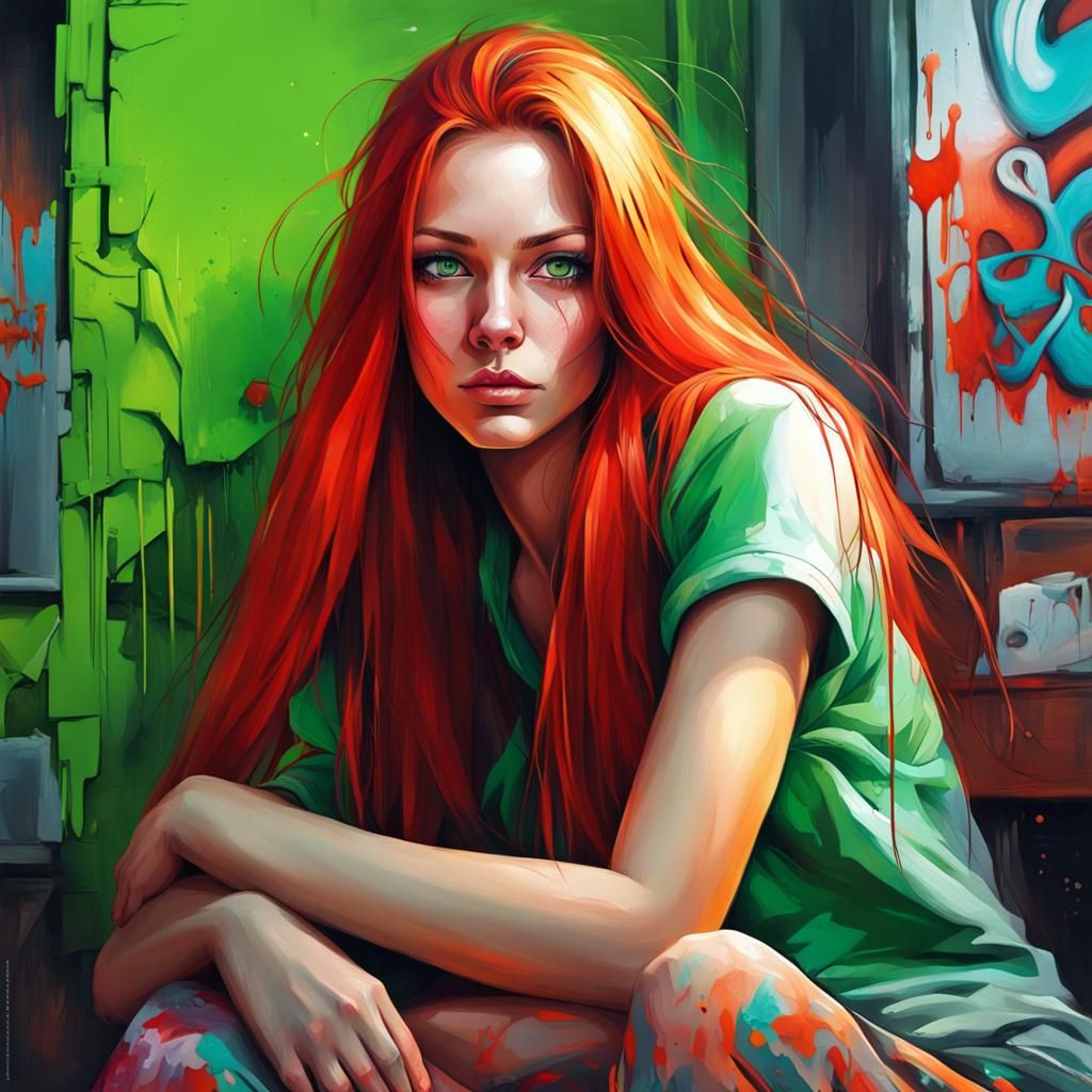 Digital portrait of female with striking bright green eyes, red flowing