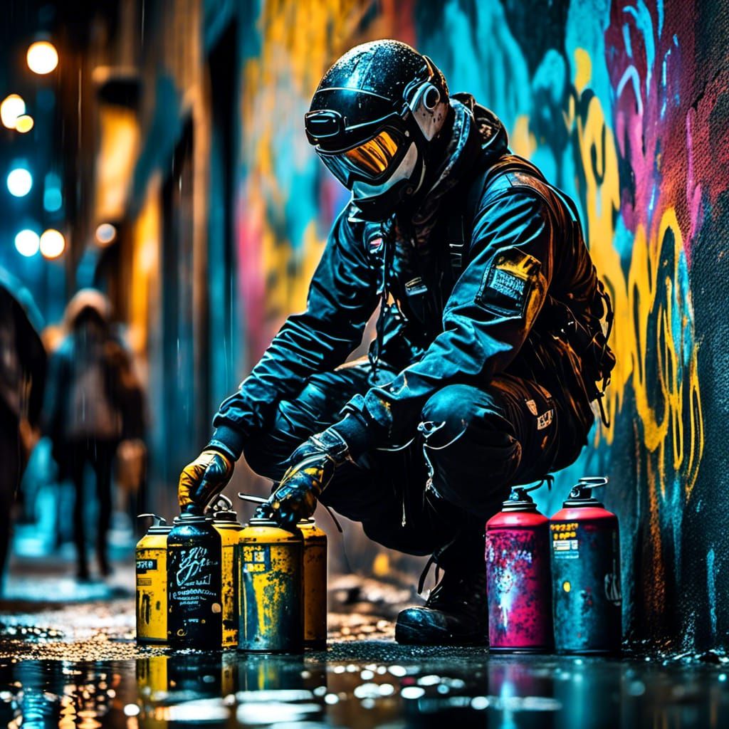  <lora:MJ6-1 Sci-Fi Fantasy:1.0> A graffiti artist painting on a city wall at night