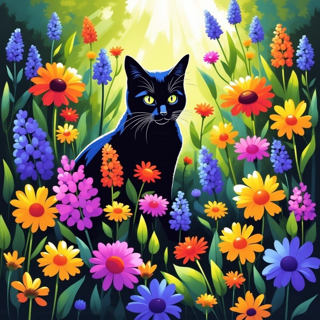 Cat in the colorful garden.