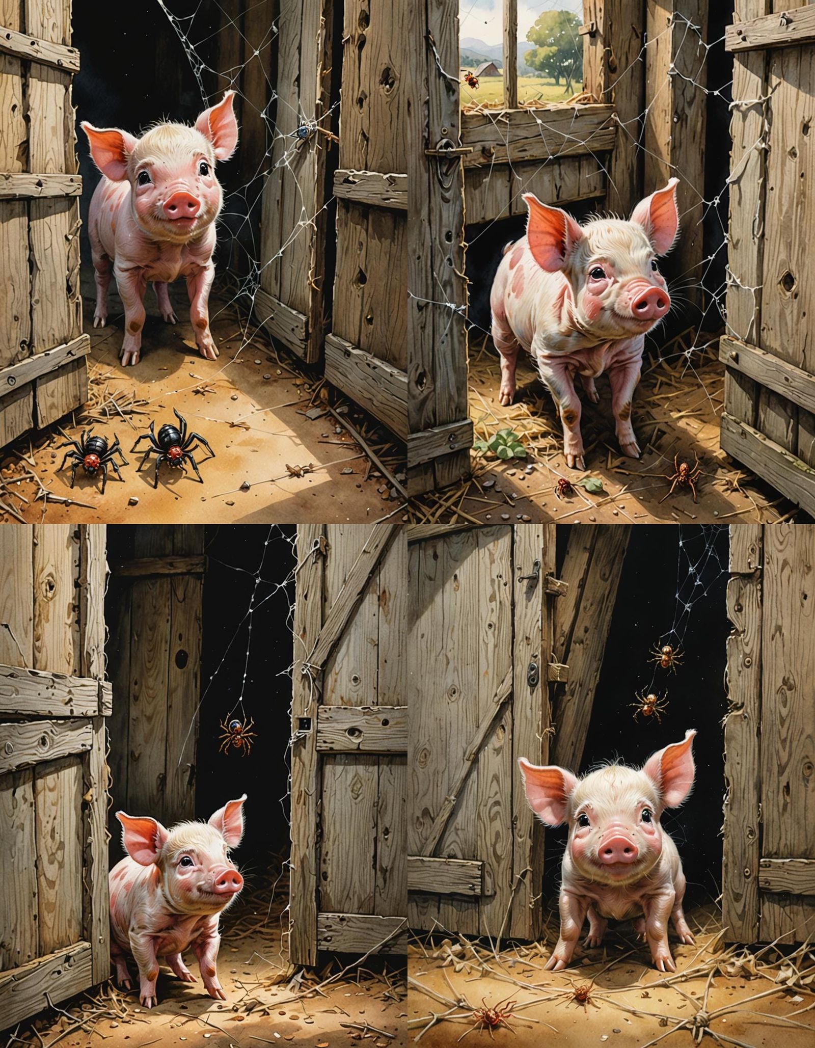 "(A piglet looking up at a spider in its web in a barn doorway:1.5) Charlotte's Web. (Watercolour Storybook illustration...
