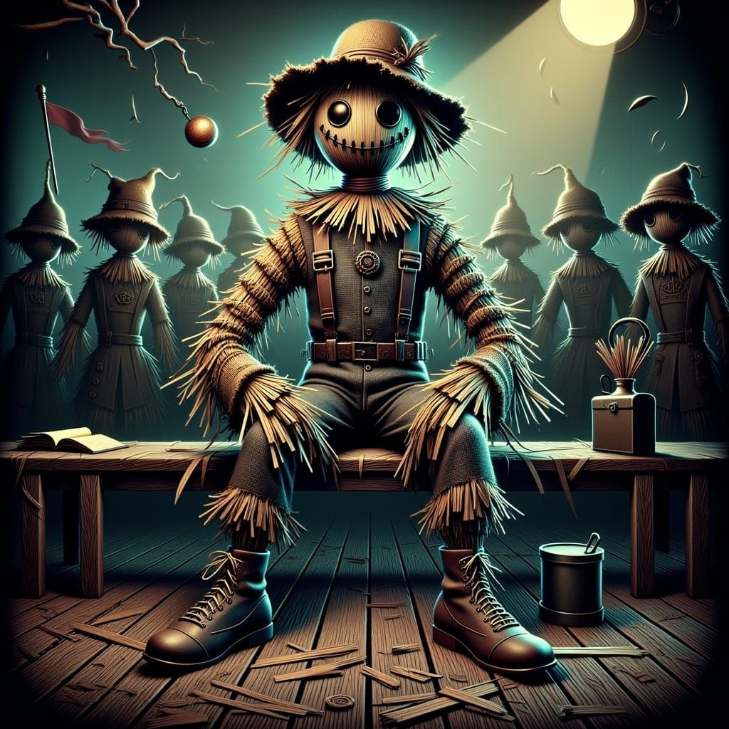 <lora:Steampunk Scarecrows:1.0> sitting an exam in a crowded gymnasium. scarecrow, grunge, high contrast, rich colours