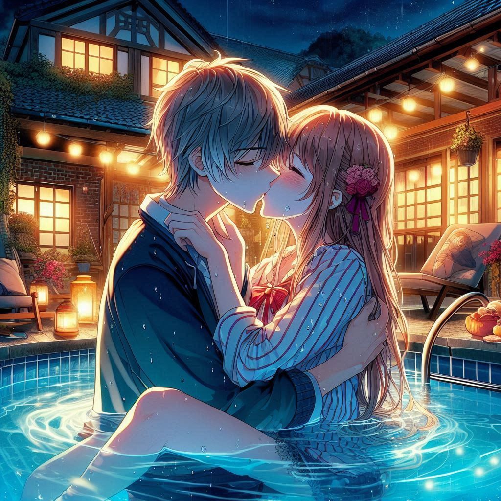 Kissing in the pool at night