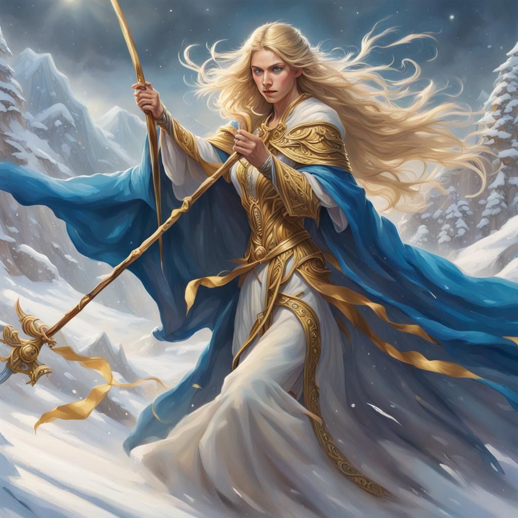 Ethereal Elf Mage Soars through Snowy Vale in Hyperrealistic...