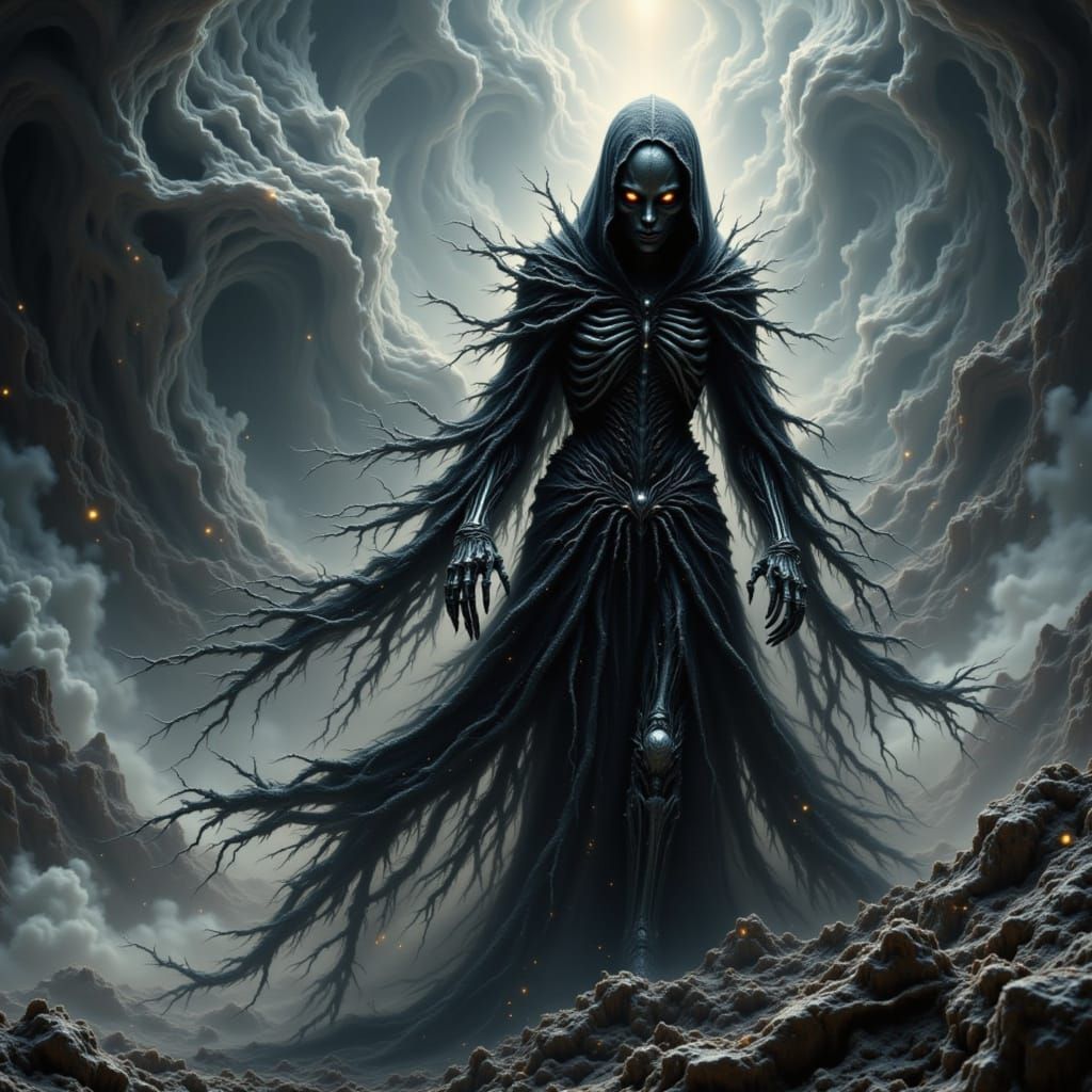 Gothic Skeleton Dissolving into Cosmic Dust in Giger Style