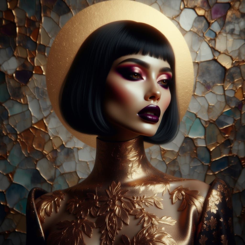 <lora:Cathedral Couture:1.0> A cinematic portrait of an elegant Korean woman in cathedral-inspired couture, illuminated by stained glass lig...