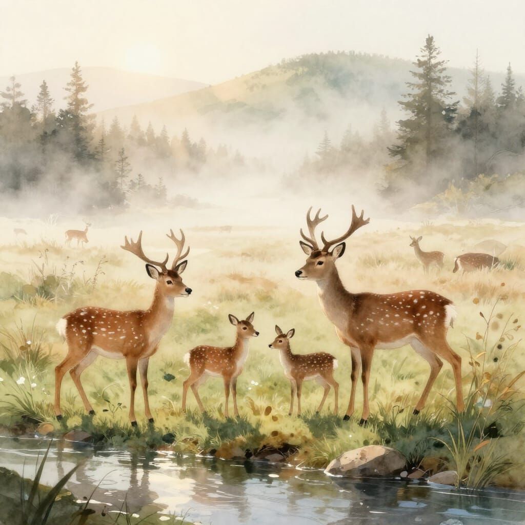 A family of deer stand peacefully by a gentle stream, with soft morning fog rolling in from the distant ...  by @Carlotta Cavalli