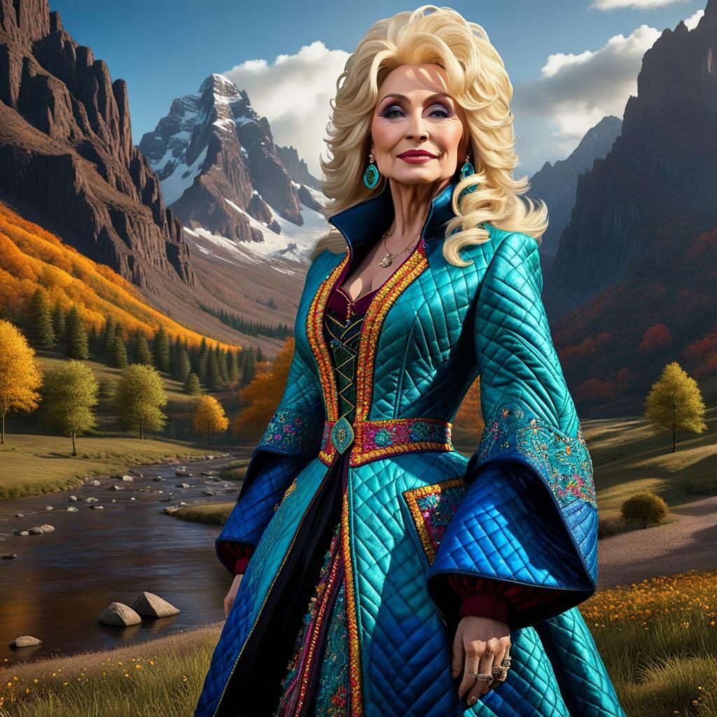 Dolly Parton's coat of many colors quilted outfit - AI Generated ...