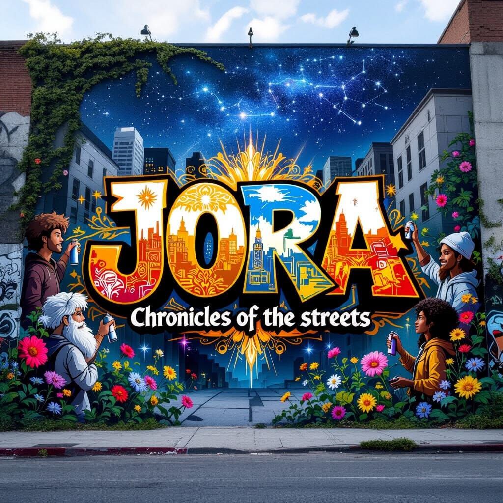**Epic Graffiti Artwork Prompt for JORA**

---

In the vibrant heart of a dynamic metropolis, where urban chaos intertwines with boundless c...