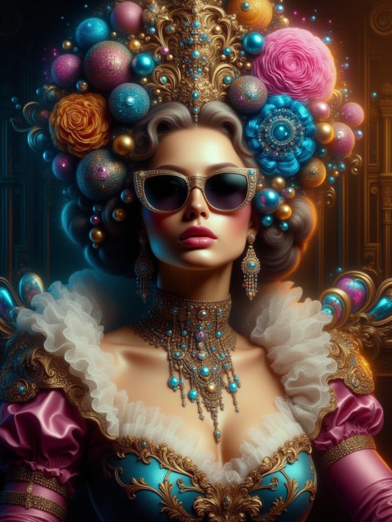 <lora:Baroquewave:1.0> woman wearing an elaborate dress, headpiece and sunglasses in the style of Baroquewave
