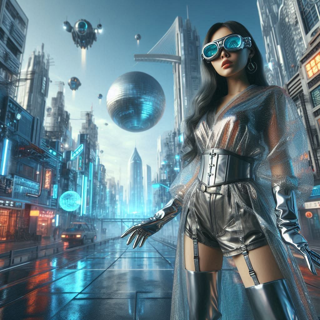 Young asian Woman with a shiny costume, safety goggles and shiny gloves standing on the street of a futuristic city, wit...