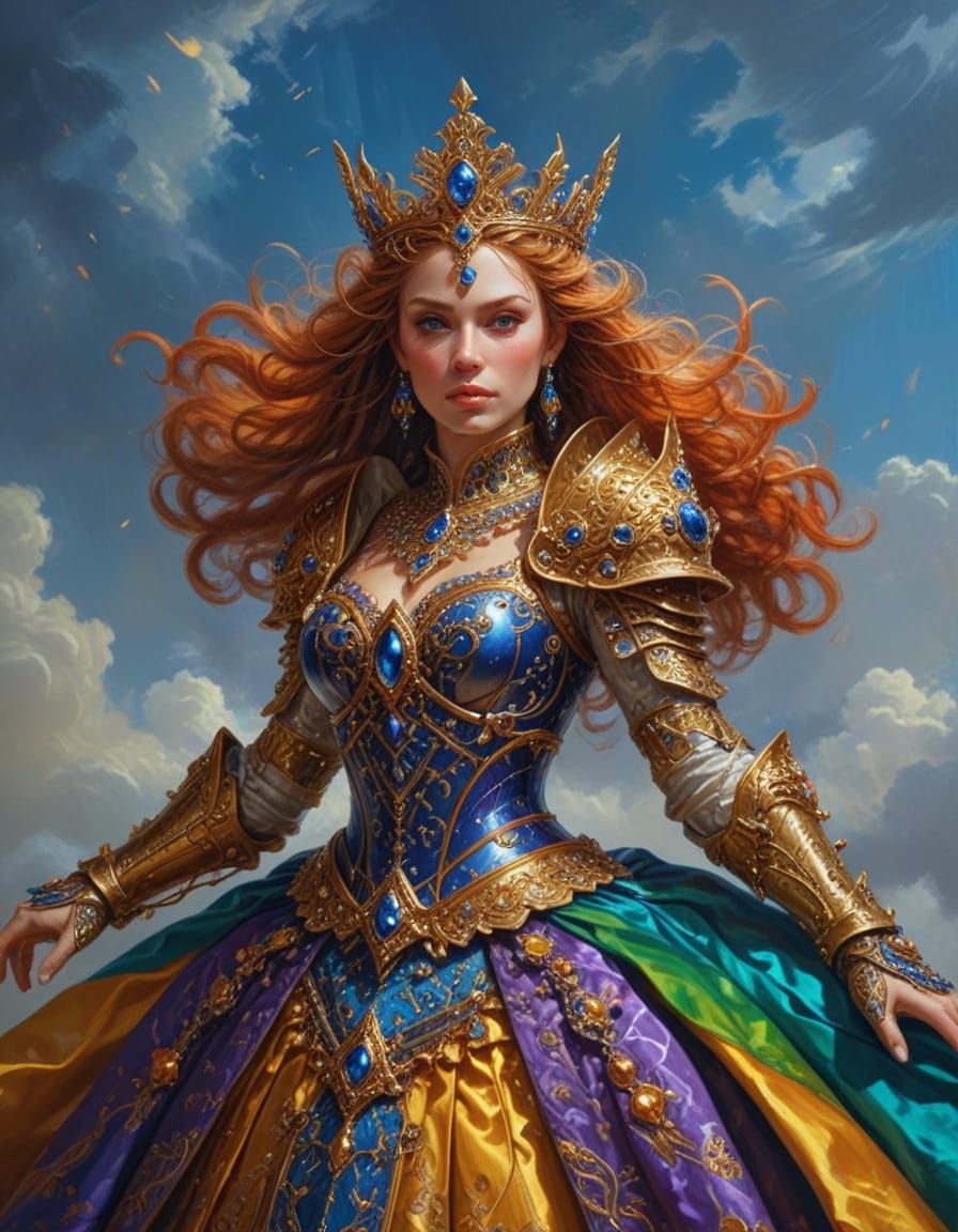 elaborate oil painting. A fantasy queen wearing colorful armor in the style of a dress