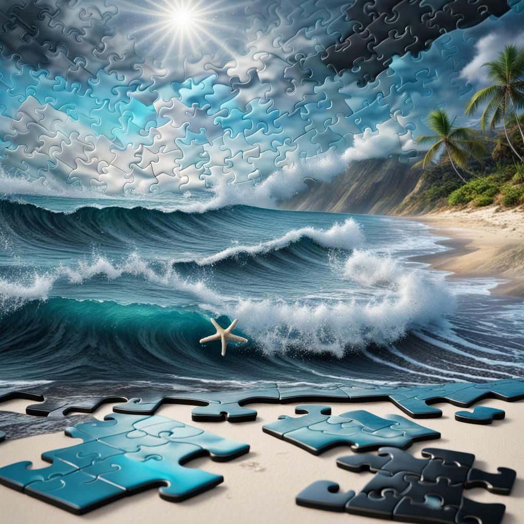 Puzzled themed  white sandy beaches sunshine black and silver puzzle pieces of ocean waves turquoise ...  by @undefined