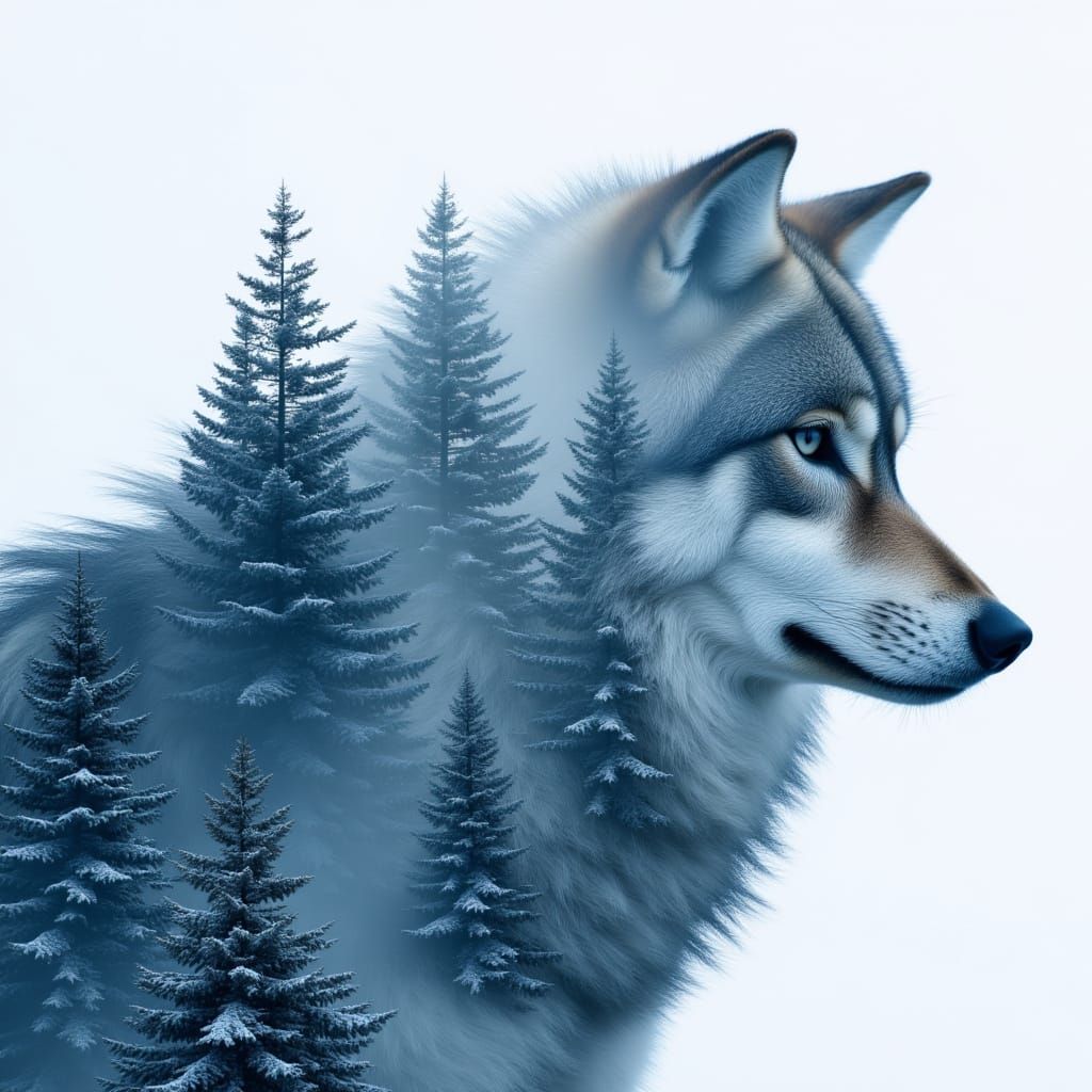 <lora:MJ7 Double Exposure:1.0> Double exposure photography of a wolf silhouette with snow-covered pine forests, sharp focus, double exposure...