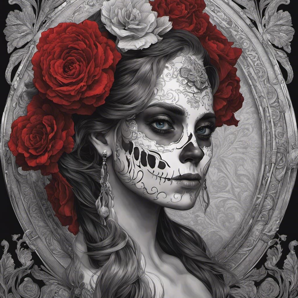 Vibrant Día de los Muertos Portrait in Bold, Triadic Colors