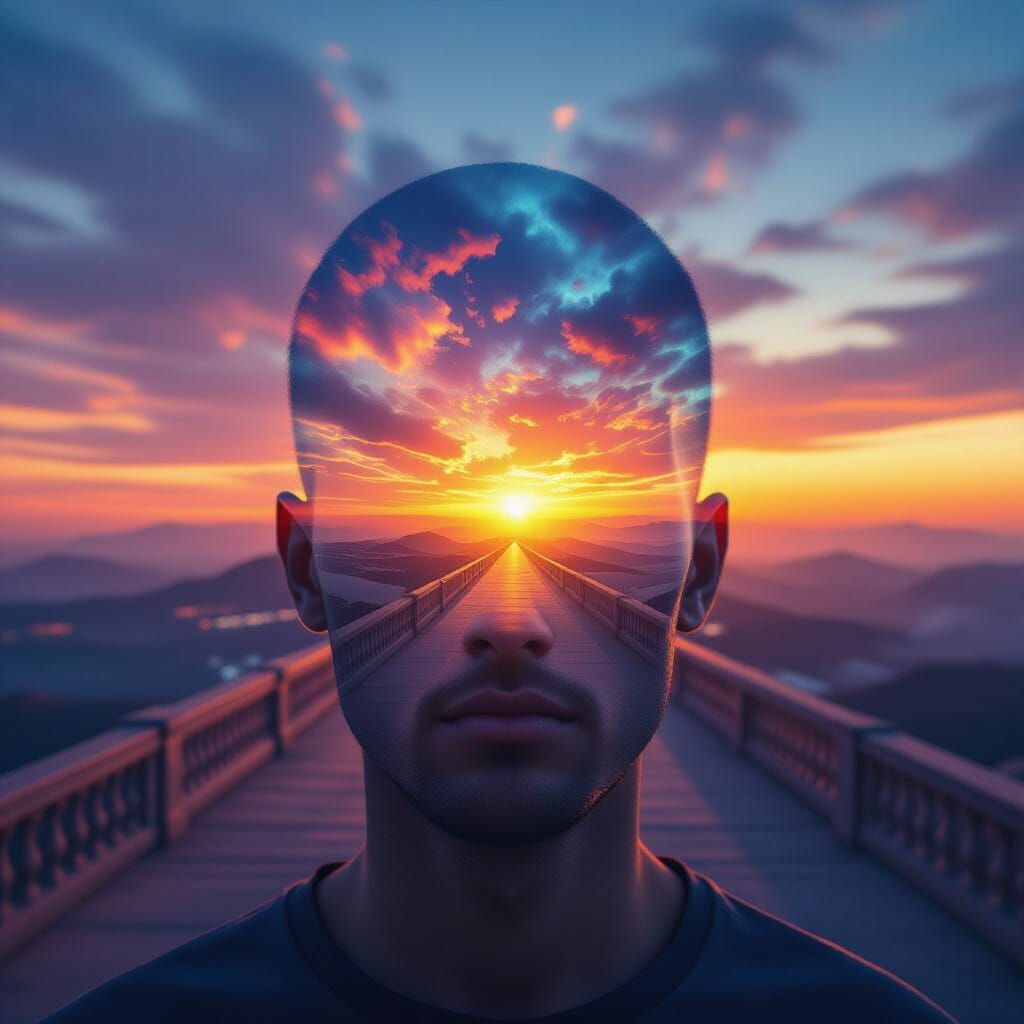  Amazing alien world double exposure of the digital world inside the head stretching to infinity through the corridors of the life at sunset...