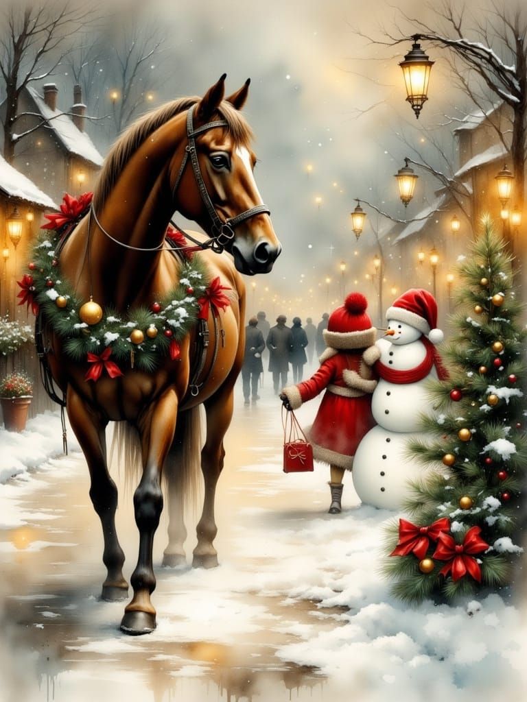 Festive Horse and Snowman in Snowy Village