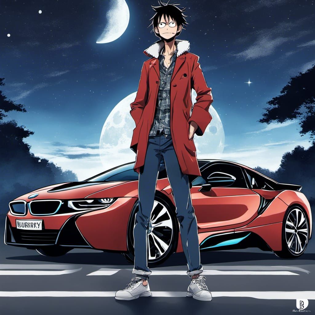 Super cool Luffy profile picture in front of bmw i8 and moon in