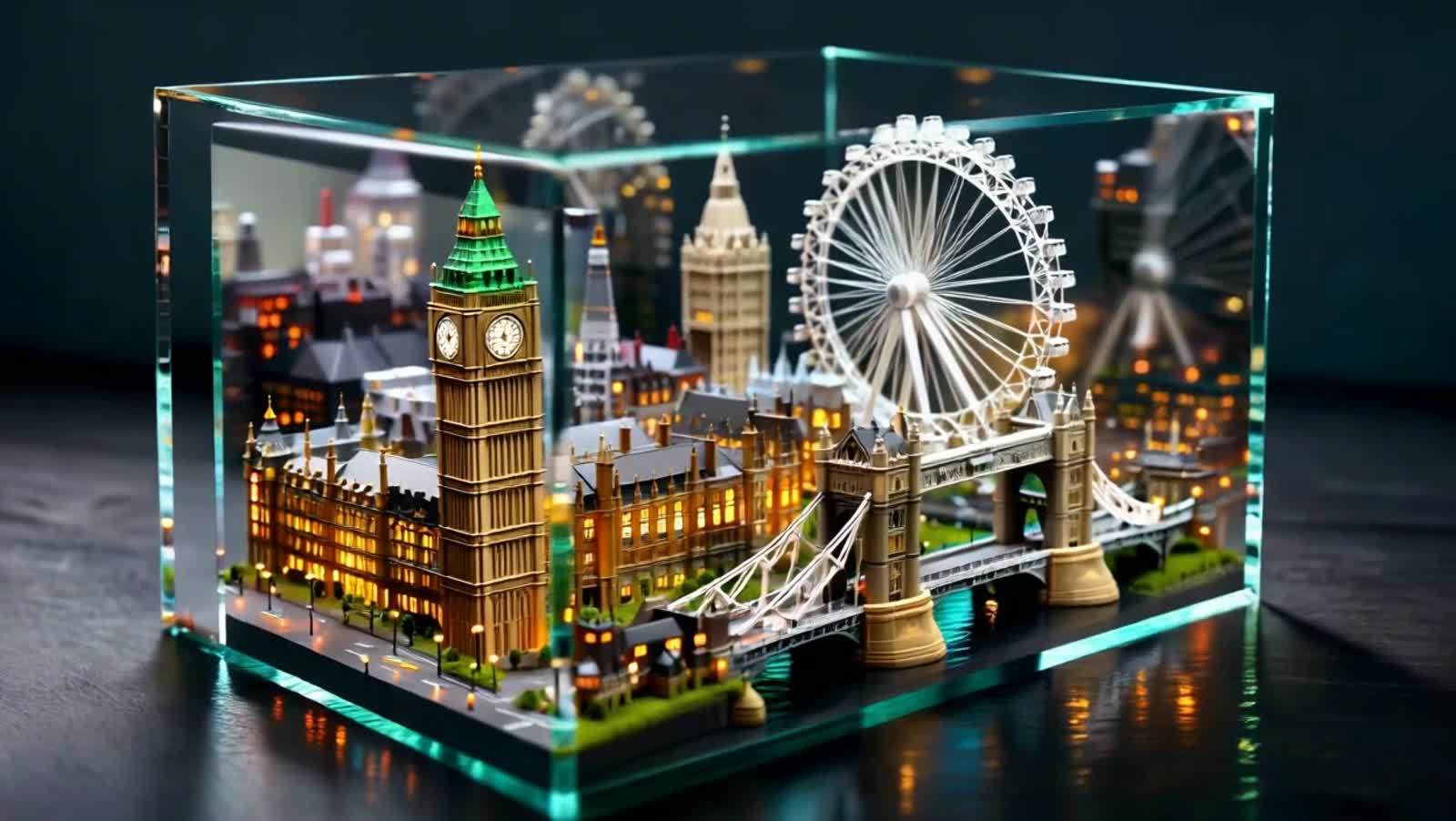 Una ciudad de Londres en miniatura cuidadosamente detallada encerrada dentro de un cubo de vidrio transparente, con refl...
