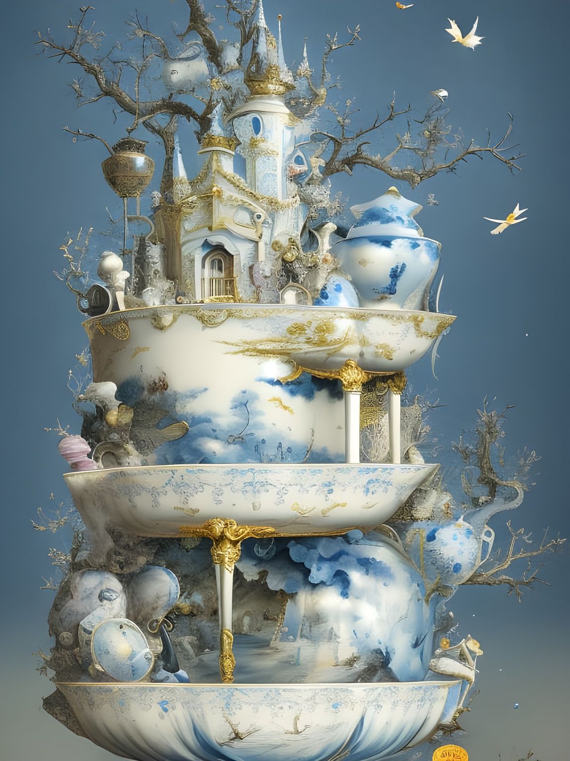 Dainty white blue and gold fine China porcelain teacup castle  by @jenga