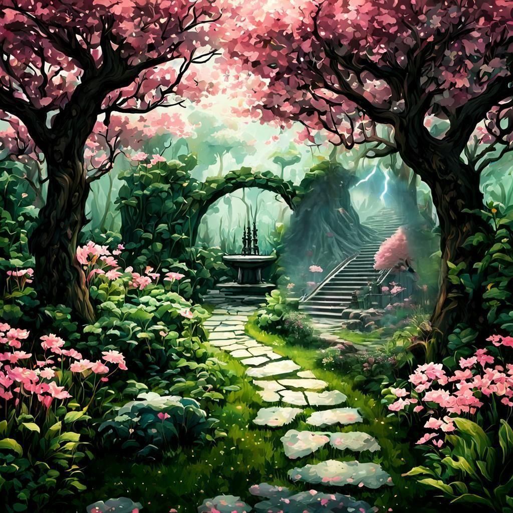 Serene garden bothered by dimensional rift.
