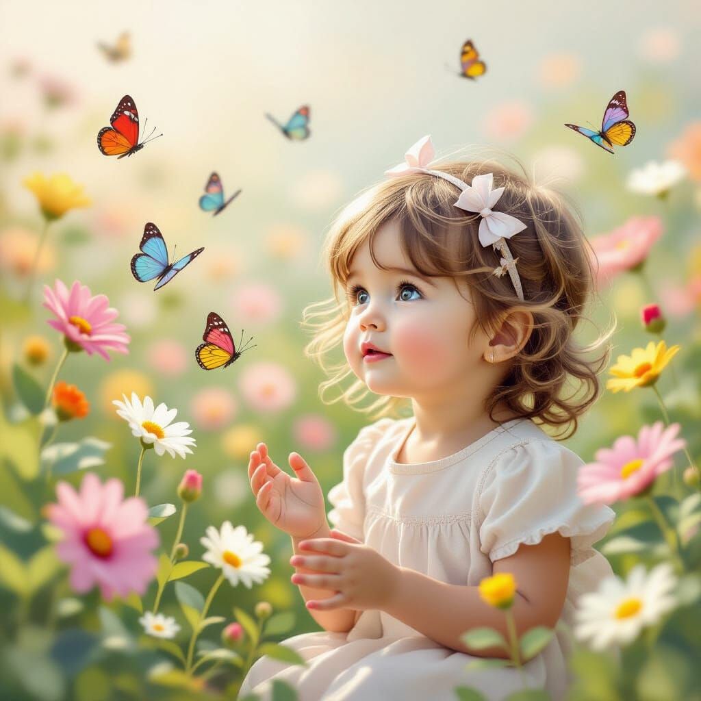 Child Gazes at Butterflies in Pastel Garden