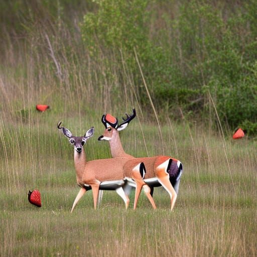 Strawberries in a prairie being grazed by whitetailed deer. clearly