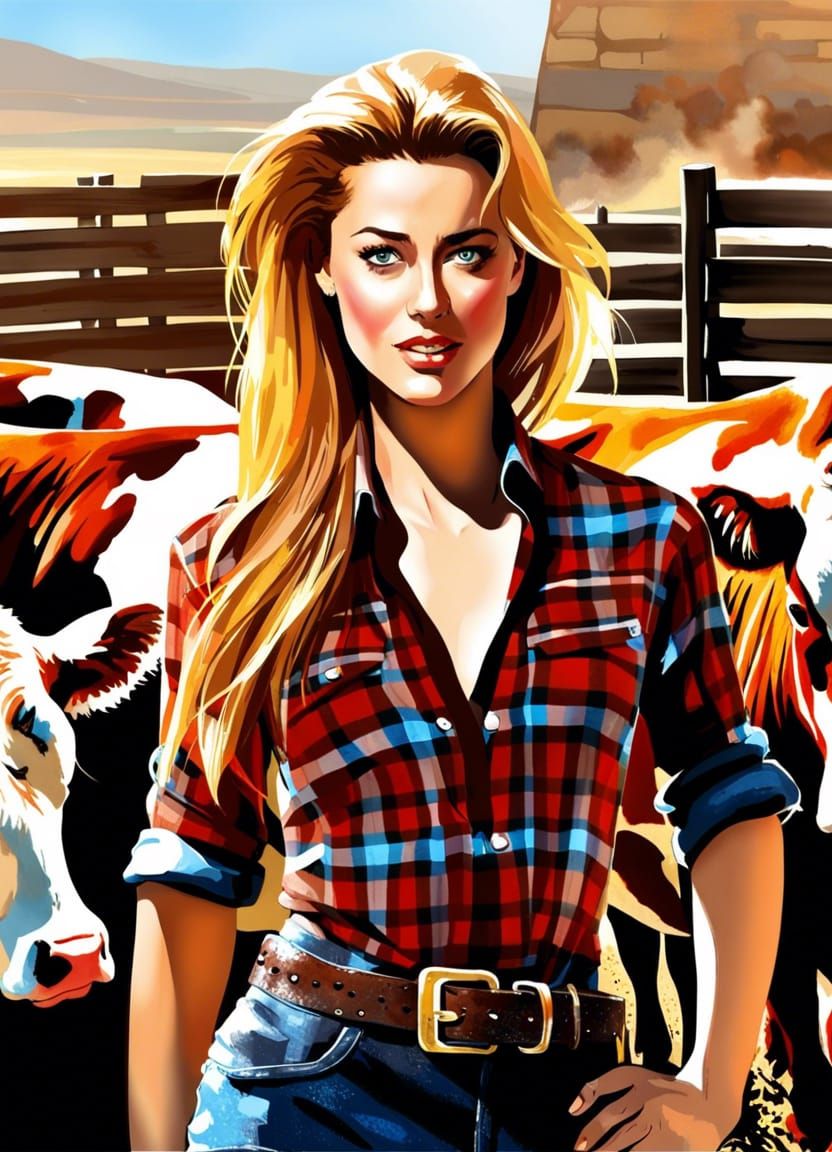 Amber Heard as cattle rancher in open-necked flannel shirt - AI ...