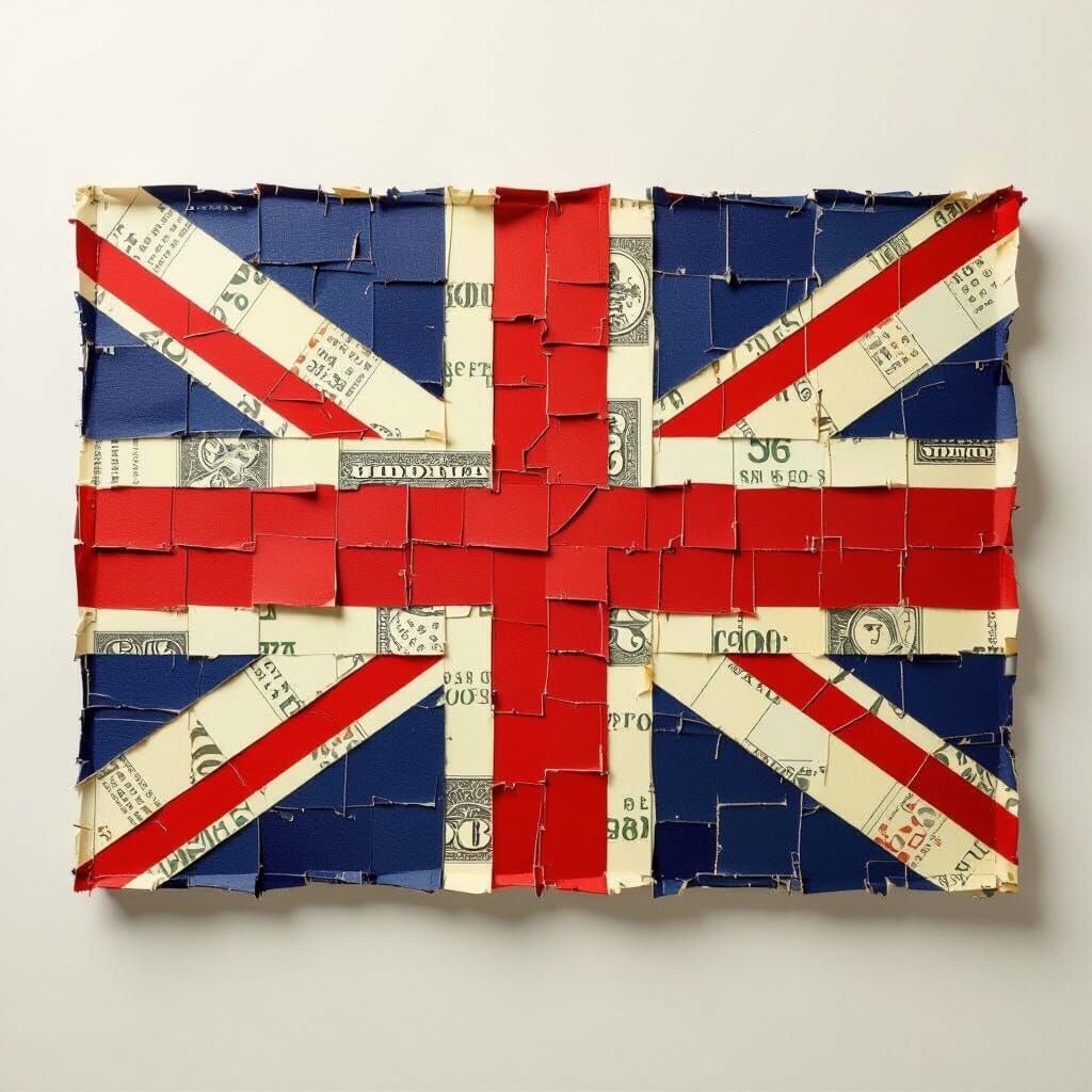 A British flag made of paper money, in the style of a collage.