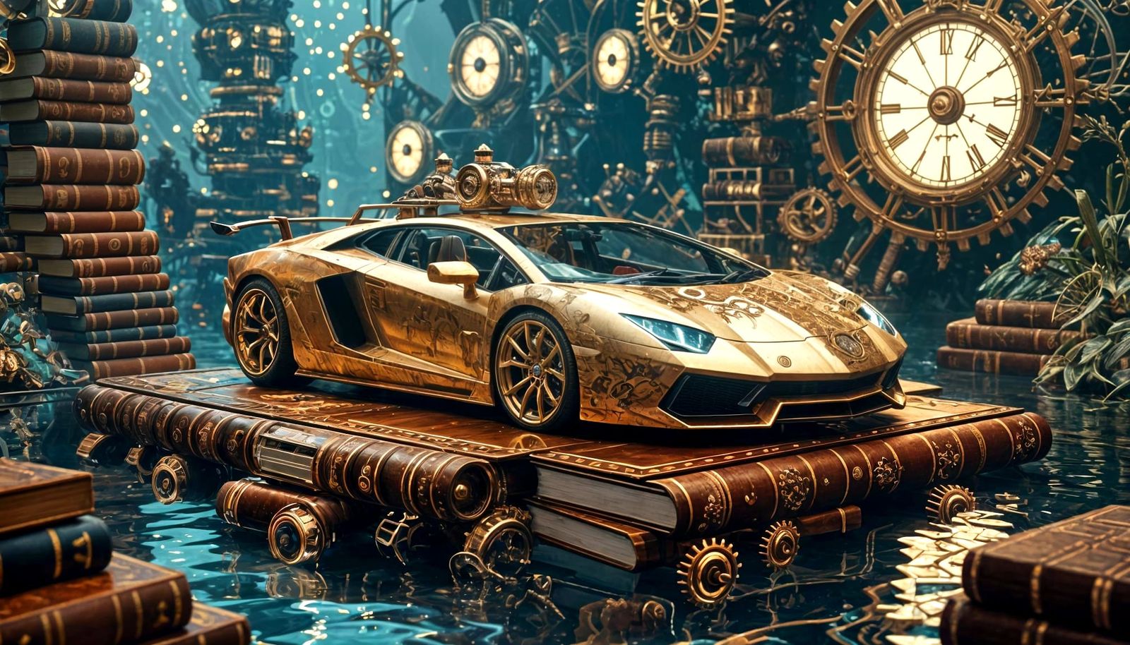 A Futuristic Whimsical, Clockwork Lamborghini Car, Modeling on a Floating Island Made of Books.   by @Empyrealdreamer