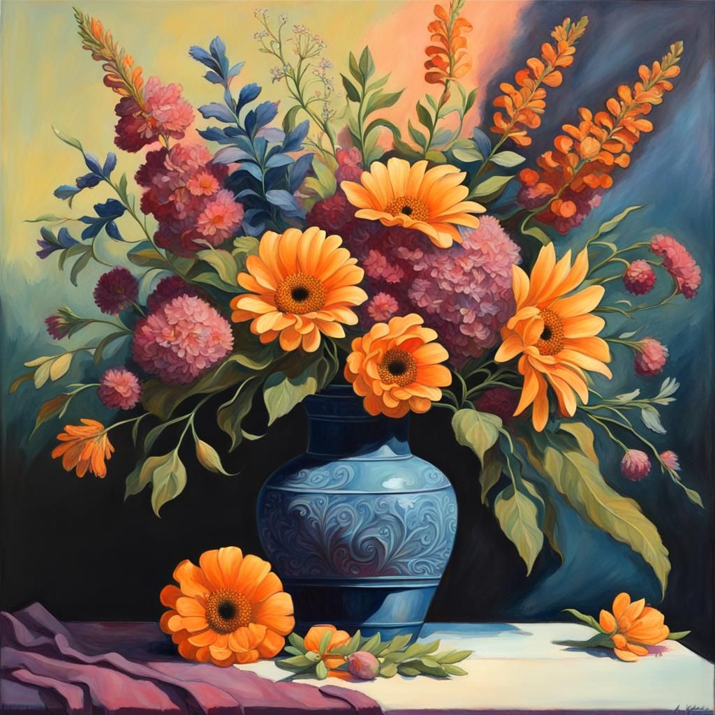Opulent still life painting of flower vase, mixed late summer flowers,  split-complementary colors, film ...  by @Leo65