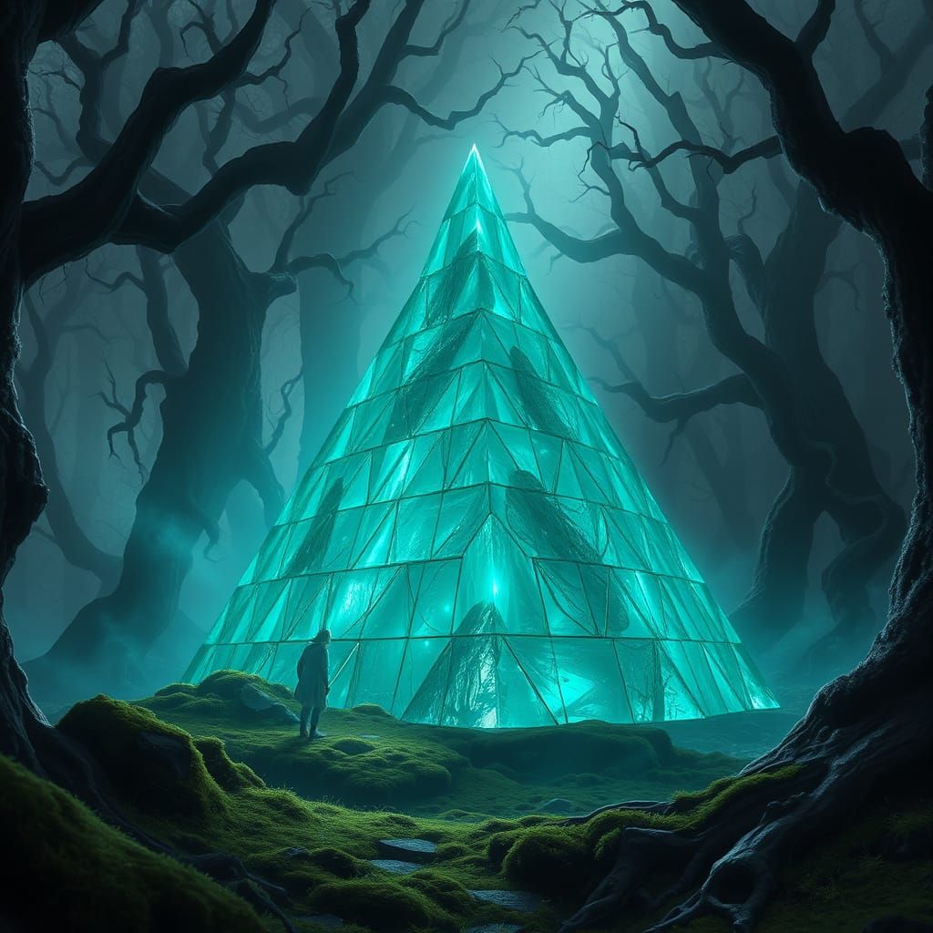 Luminous Pyramid in Enchanted Forest: Digital Art