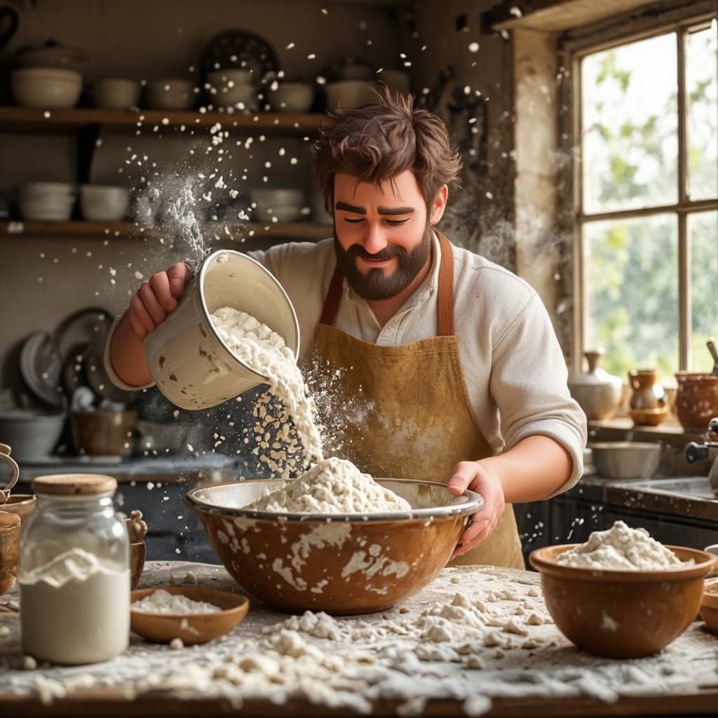  A cluttered kitchen with flour dusting every surface. Barnaby, wearing a stained apron and a determined expression, is pouring a large amou...