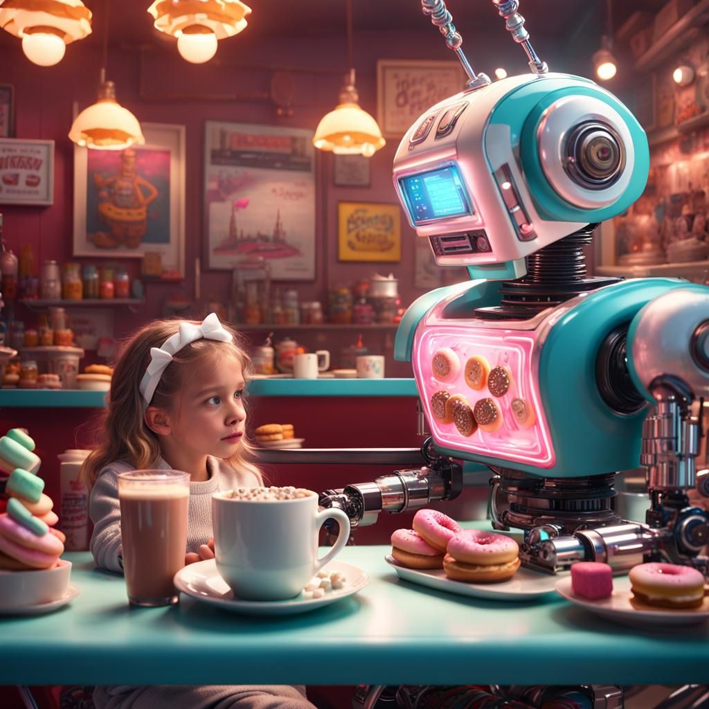 An intricate intelligent robotic robot serving hot chocolate with marshmallows and donuts to a
