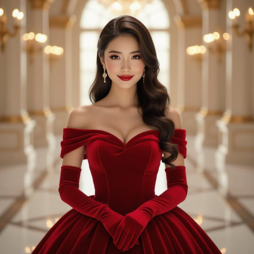 Beautiful Princess in Red Velvet Gown