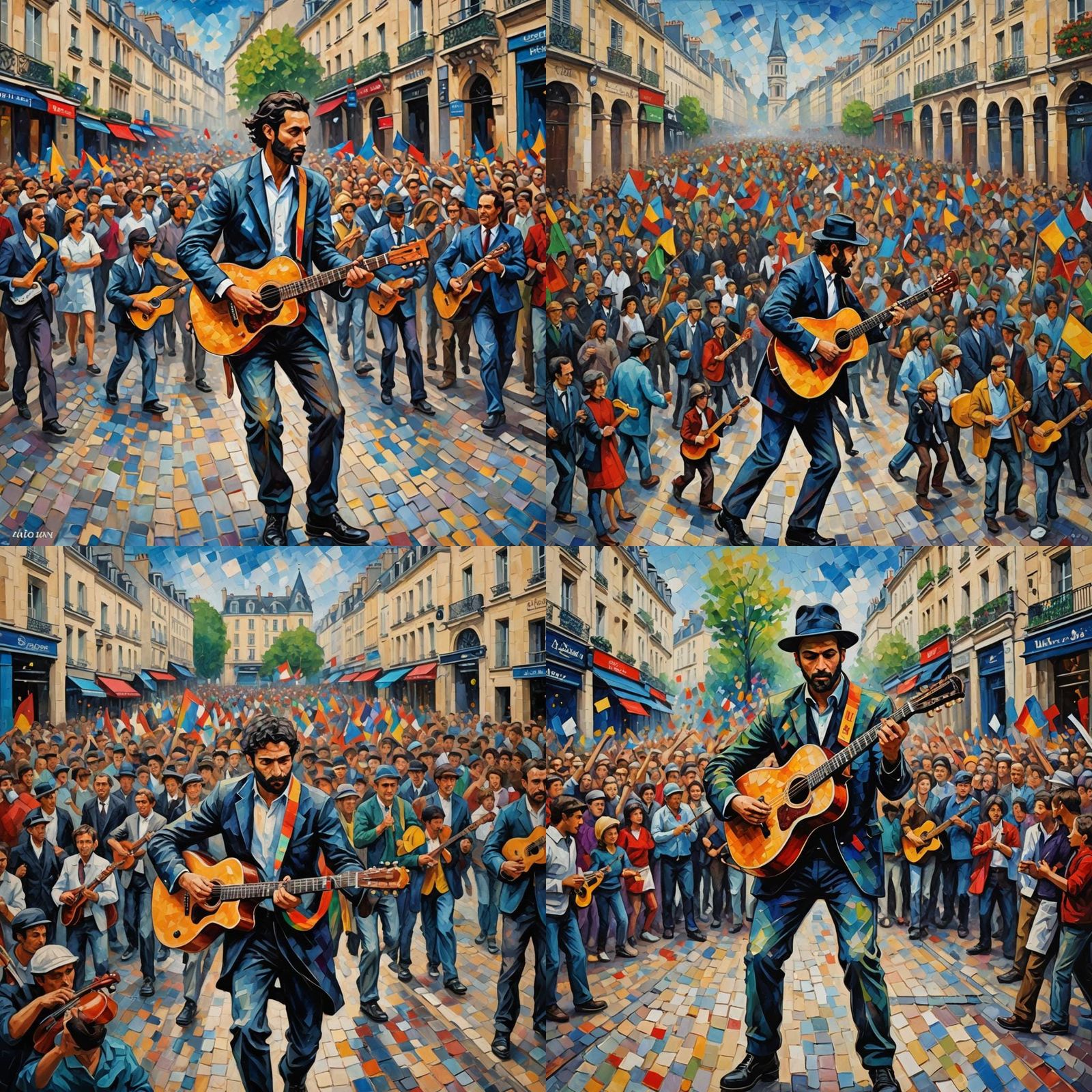 Damien Saez is a revolutionary guitarist, leading the crowd towards Mairie de Paris, during olympic games