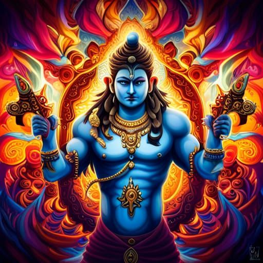 shiva, golden status, multiple arms holding golden knives, jewels ...