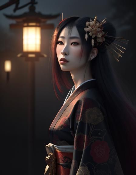 Dramatic Geisha in Traditional Japanese Temple