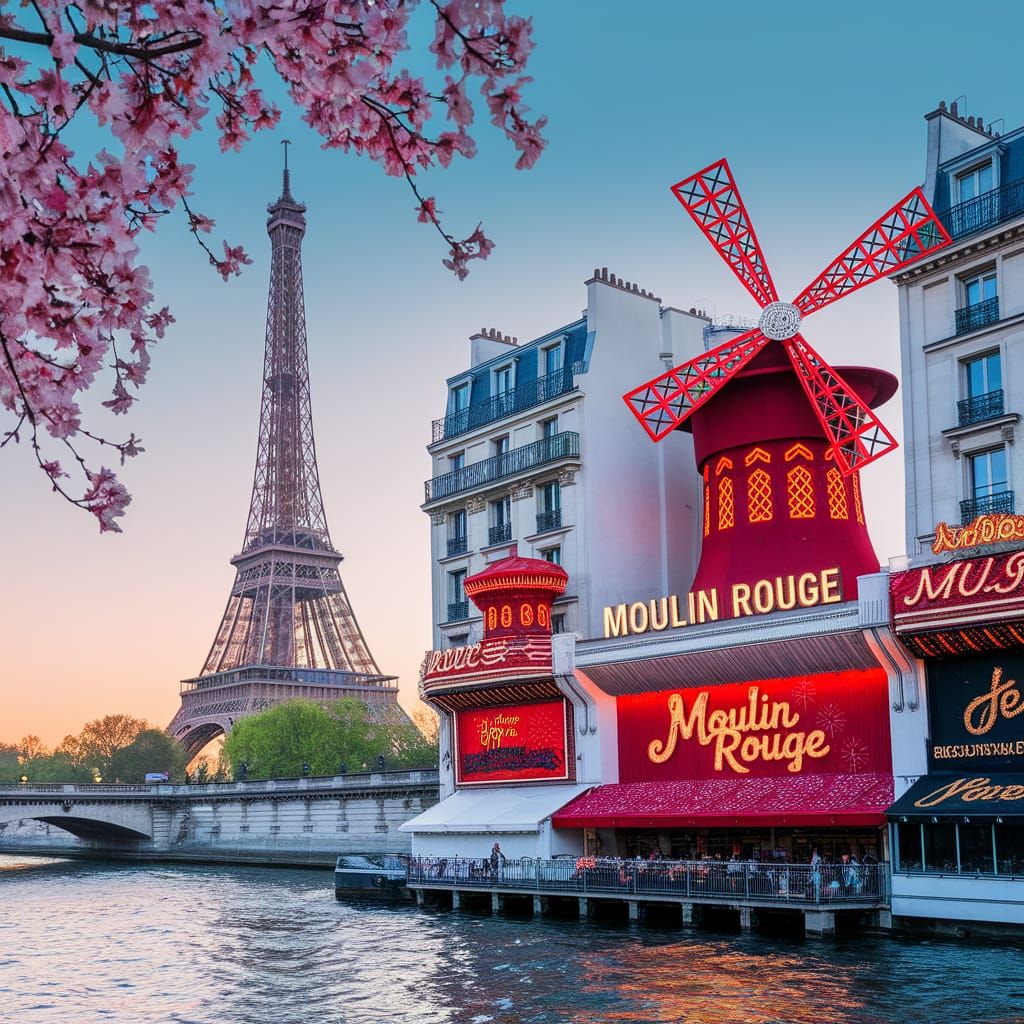 Springtime in Paris, with Eiffel Tower in distance and elements of moulin rouge