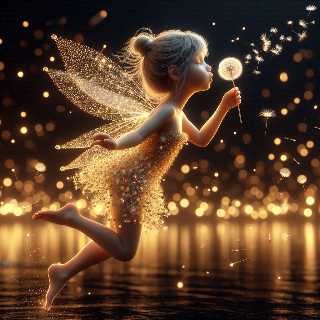 Dandelion fairy under a golden bokeh glow
