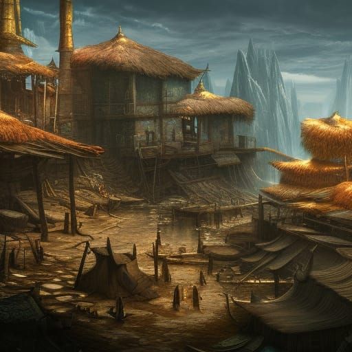 primitive settlement with many people