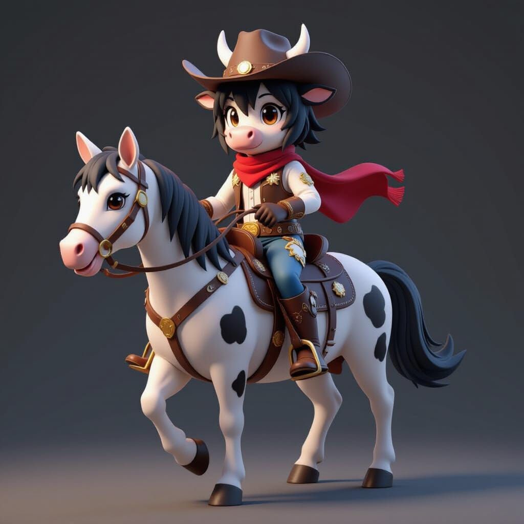 vaca antropormofica vestida de cowboy, montada em um cavalo manchado preto e branco. By artist "anime", 3d anime art, inspired by WLOP, Arts...