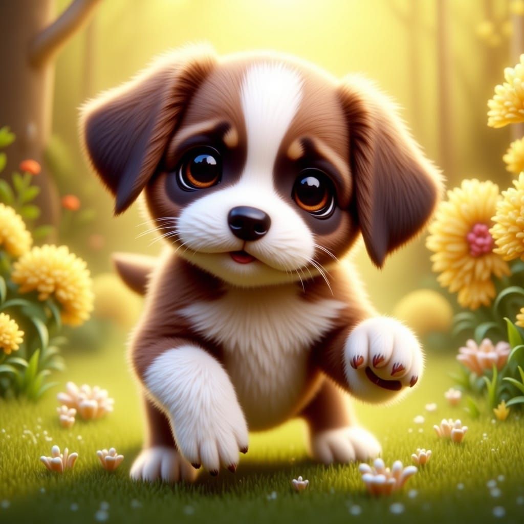 <lora:Flux Chibi:1.1> a hyper cute adorable chibi boxer puppy playing in a garden, looking directly at the viewer with big and brown, expres...