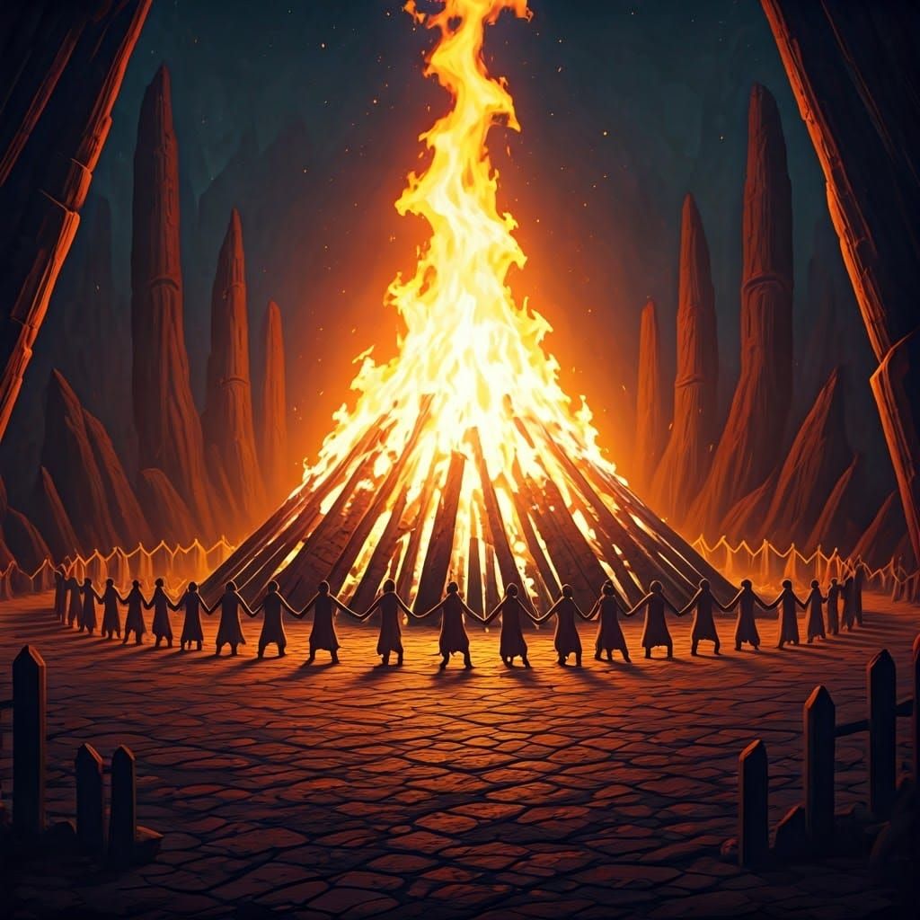 Epic Bonfire Celebration in a Fantastical Landscape