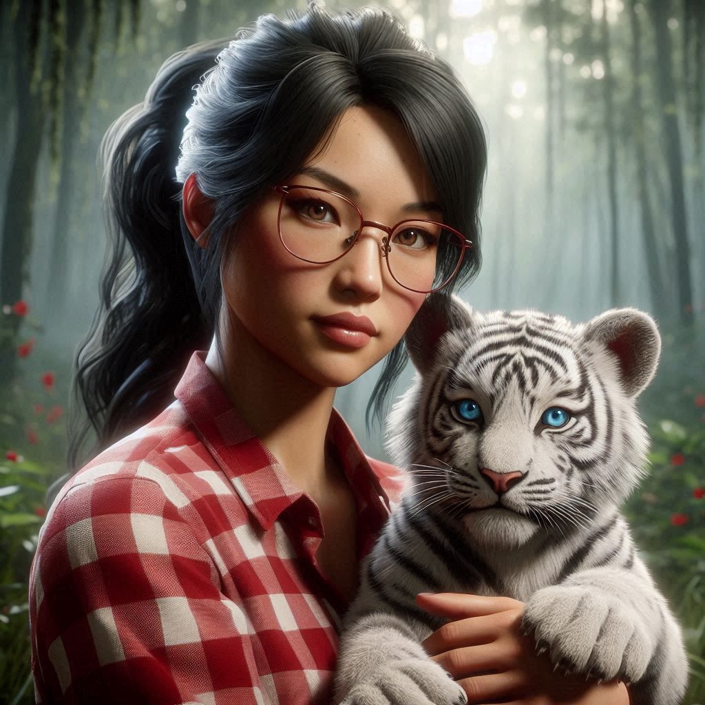 Titaness Kitana taking care of a white tiger cub